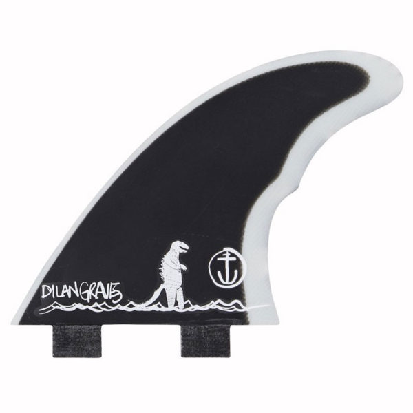 Dylan Graves Gravezilla Thruster Fin with Dylan Graves and Captain Fin anchor logo respectively at the bottom of the fin.