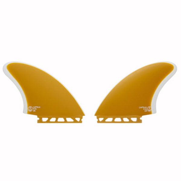 Captain Fin Keel Twin Fins in Yellow on a White background.